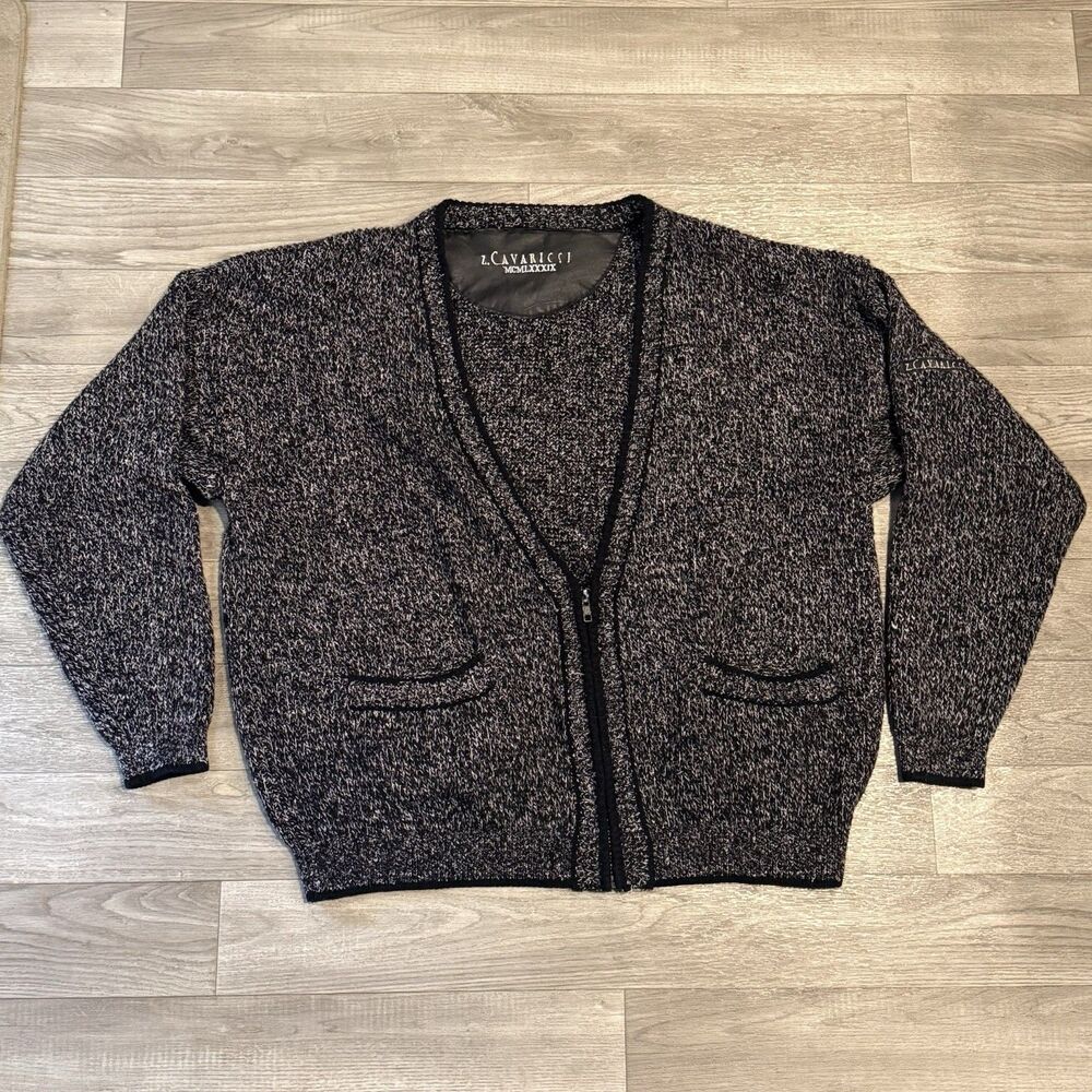 Vtg 80s Z Cavaricci Marled Knit Zip Cardigan Sweater Mens L Black Gray Slouchy
